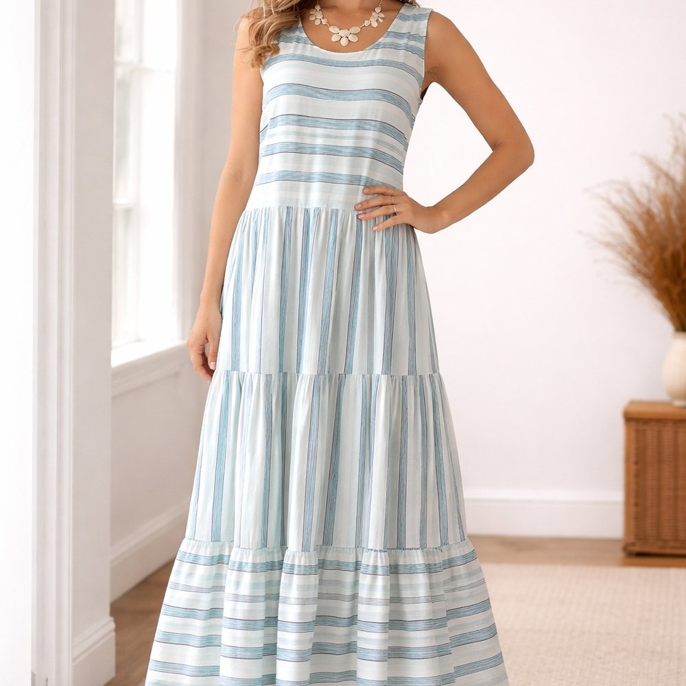 Lands' End Blue and White Striped Maxi Dress